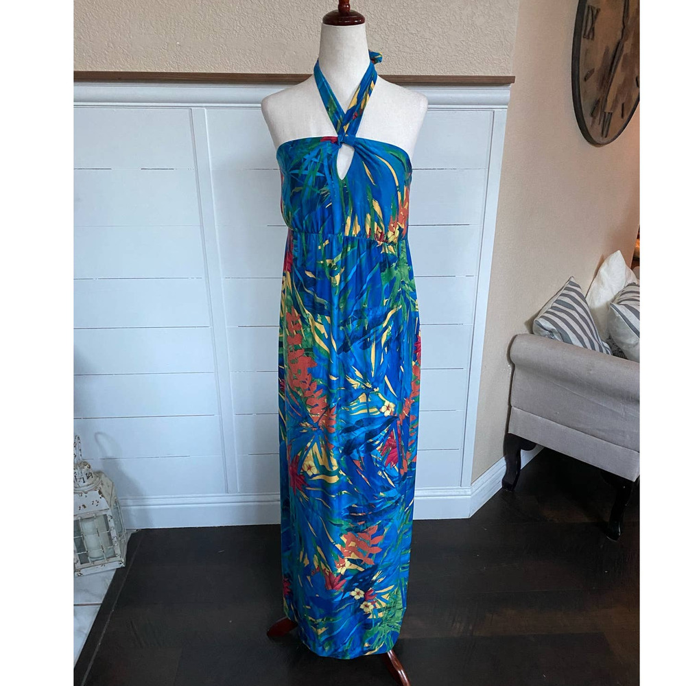 Soma Blue Tropical Halter Maxi Dress with Red & Yellow Accents - Picture 3 of 13